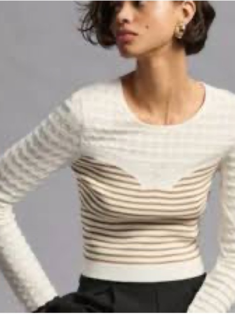 Maeve Anthropologie Pointelle Knit Striped Sweater Ivory Brown XS